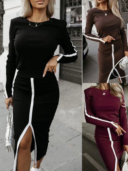 Damen Strickkleid Mit Seitenschlitz Kontraststreifen Elegant - Norvielle