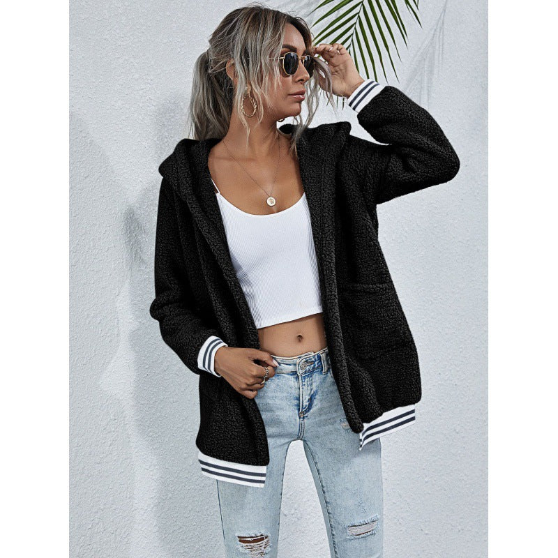 Damen Kapuzenjacke Kuscheliges Fleece Gestreifte Ärmel