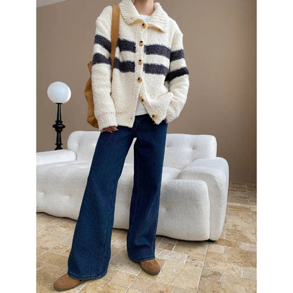 Damen Strickjacke Streifenlook Knopf Norvielle