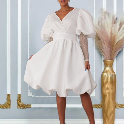 Damen Wickelkleid Puffärmel Netzoberarm Norvielle - Norvielle