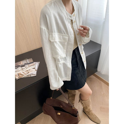 Damen Leinenjacke Mit Stehkragen Und Taschen Beige