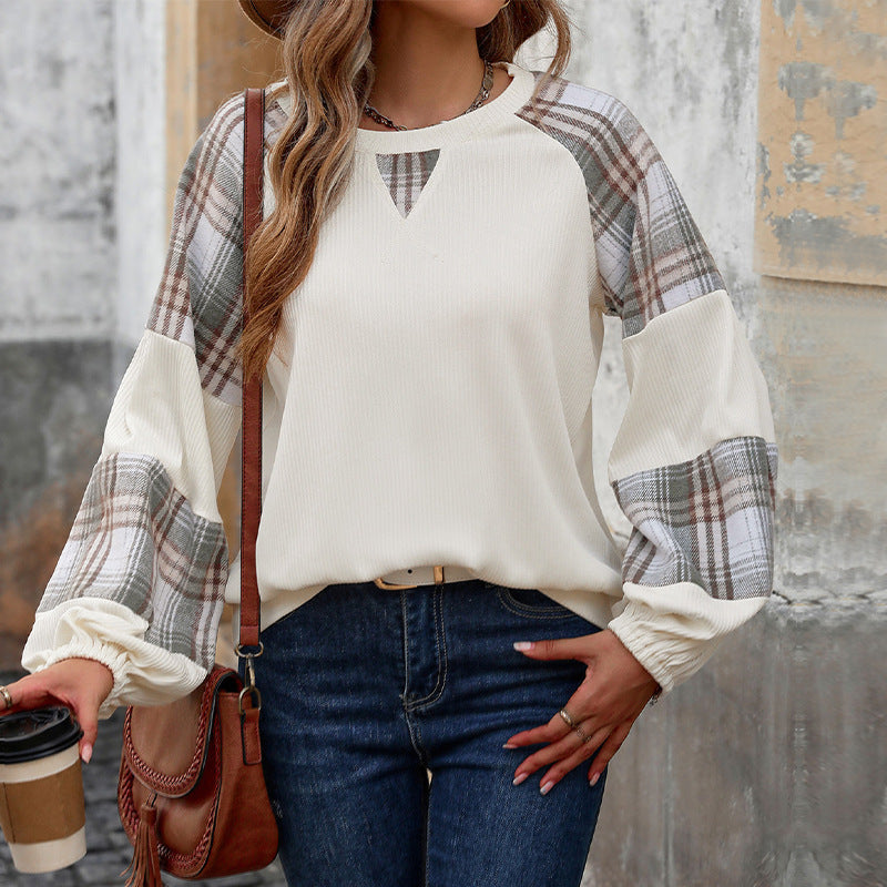 Damen Sweatshirt mit Karierten Ärmeln Lässig Grau