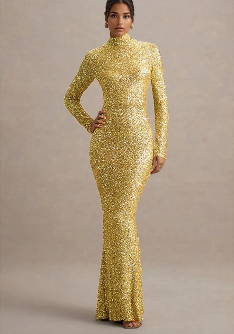 Damen Abendkleid Glitzernd Hochkragen Figurbetont Norvielle