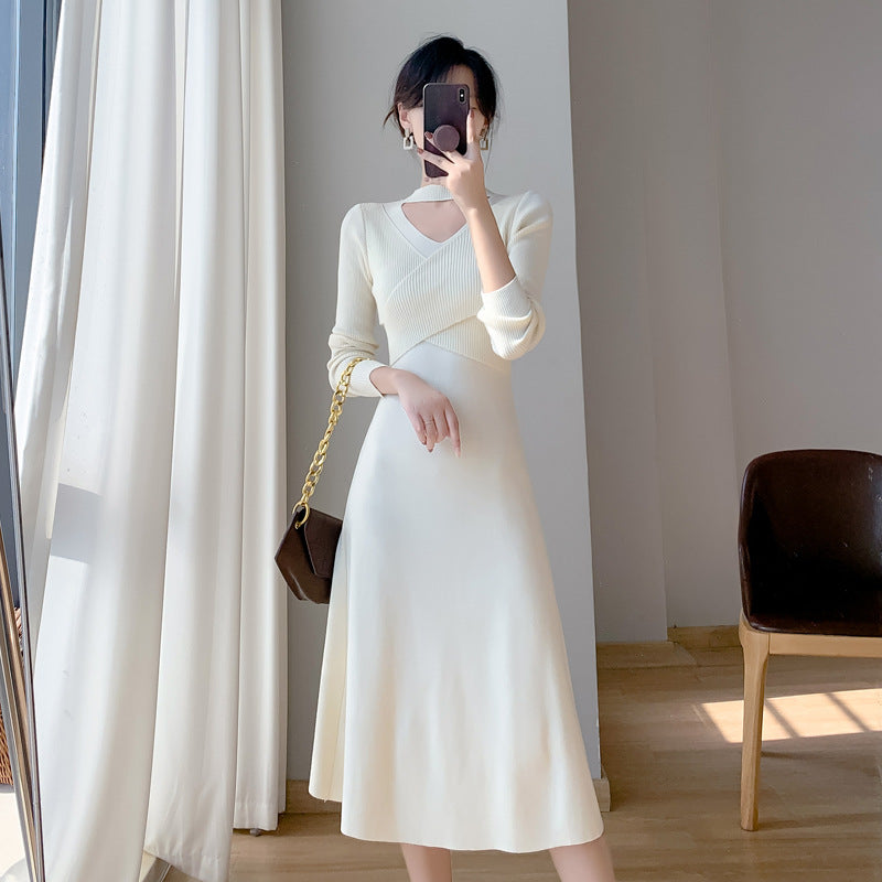 Damen Strickkleid Wickeldesign Cut-Out