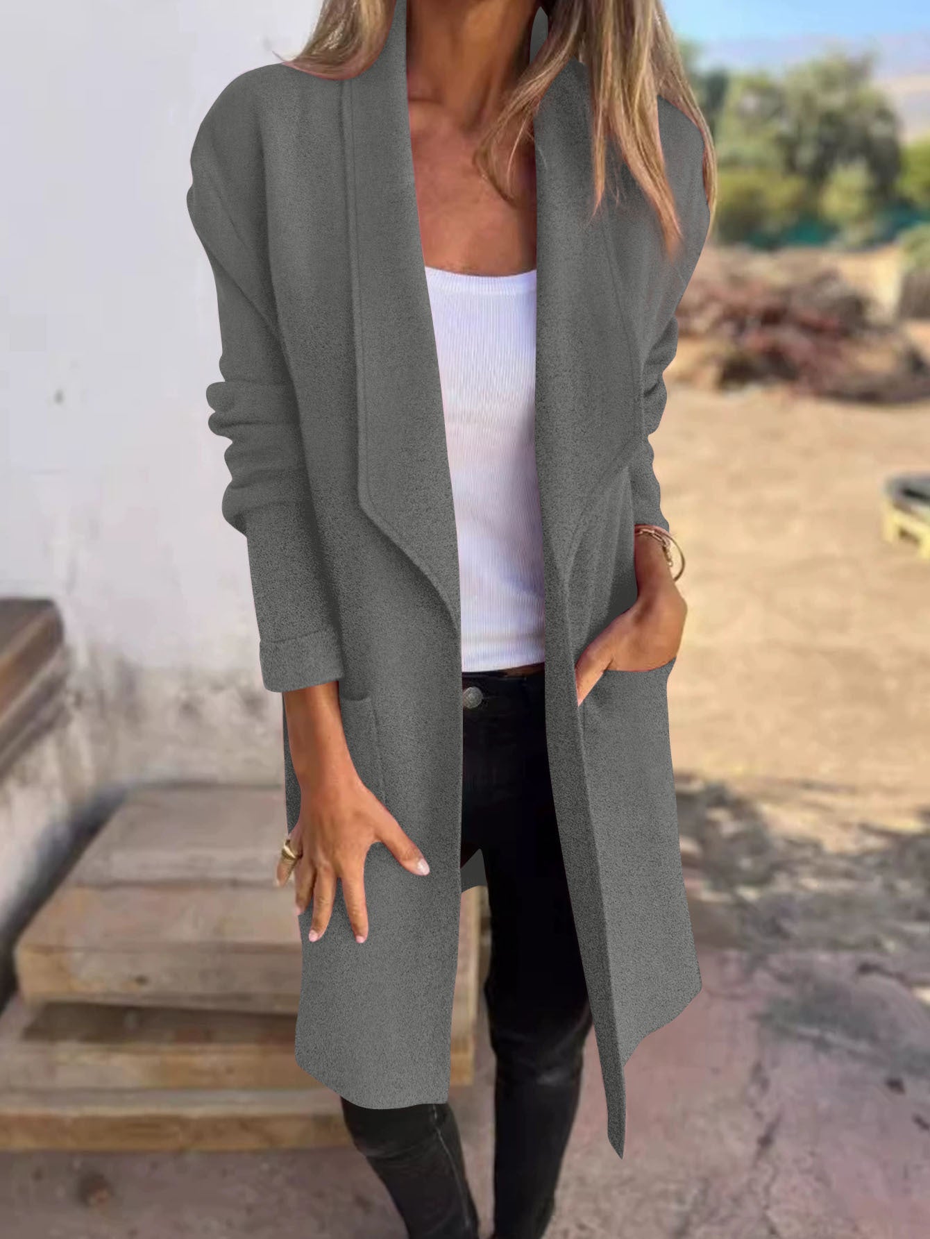 Damen Oversized-Mantel mit Eingrifftaschen Offener Kragen