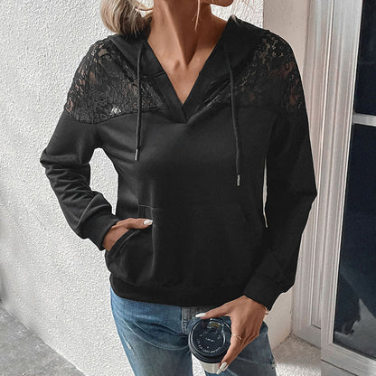 Damen Kapuzenpullover Lässig Spitze Beige