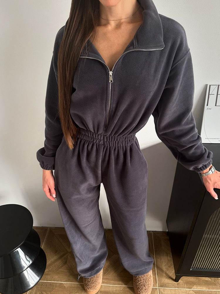Damen Fleece-Jogginganzug Elastischer Bund Halb-Reißverschluss
