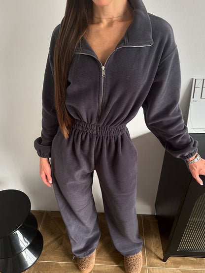 Damen Fleece-Jogginganzug Elastischer Bund Halb-Reißverschluss