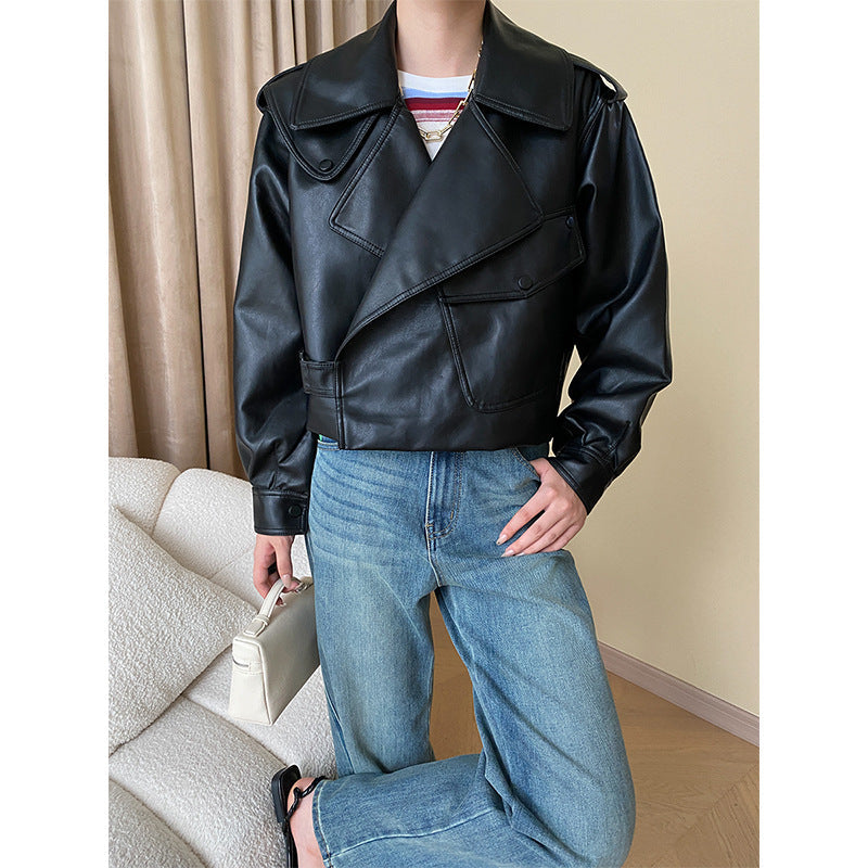 Damen Kunstlederjacke Biker-Stil Asymmetrischer Reißverschluss Schwarz - Norvielle