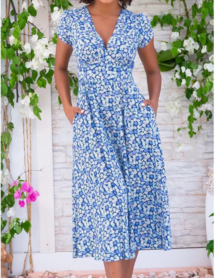 Damen Geblümtes Midikleid V-Ausschnitt Kurzärmel Sommerkleid - Norvielle