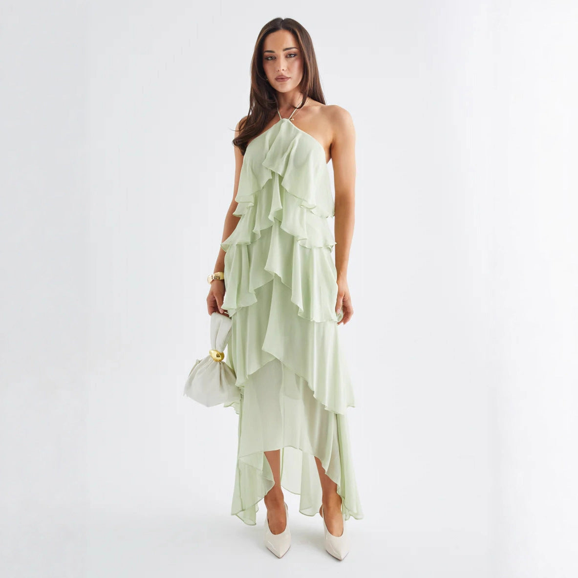 Damen Maxikleid Fließend Volants Halterneck