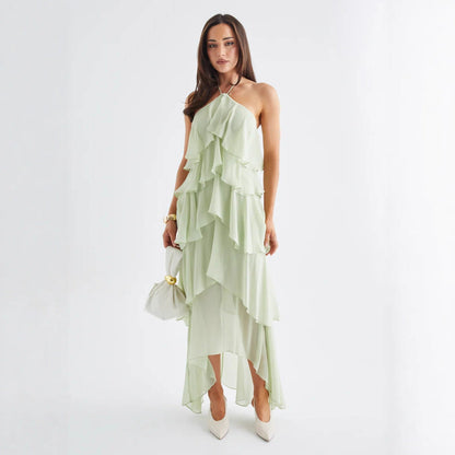 Damen Maxikleid Fließend Volants Halterneck