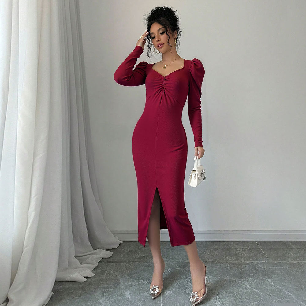 Damen Midi-Kleid Puffärmel Raffiierter Schlitz Norvielle