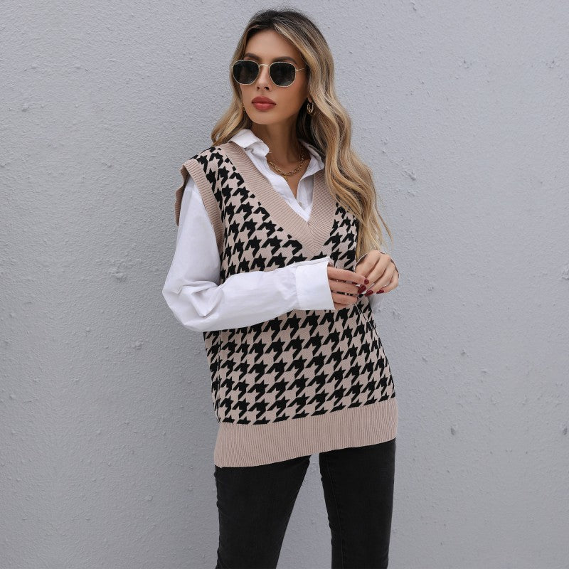 Damen Strickpullover V-Ausschnitt Hahnentrittmuster Norvielle