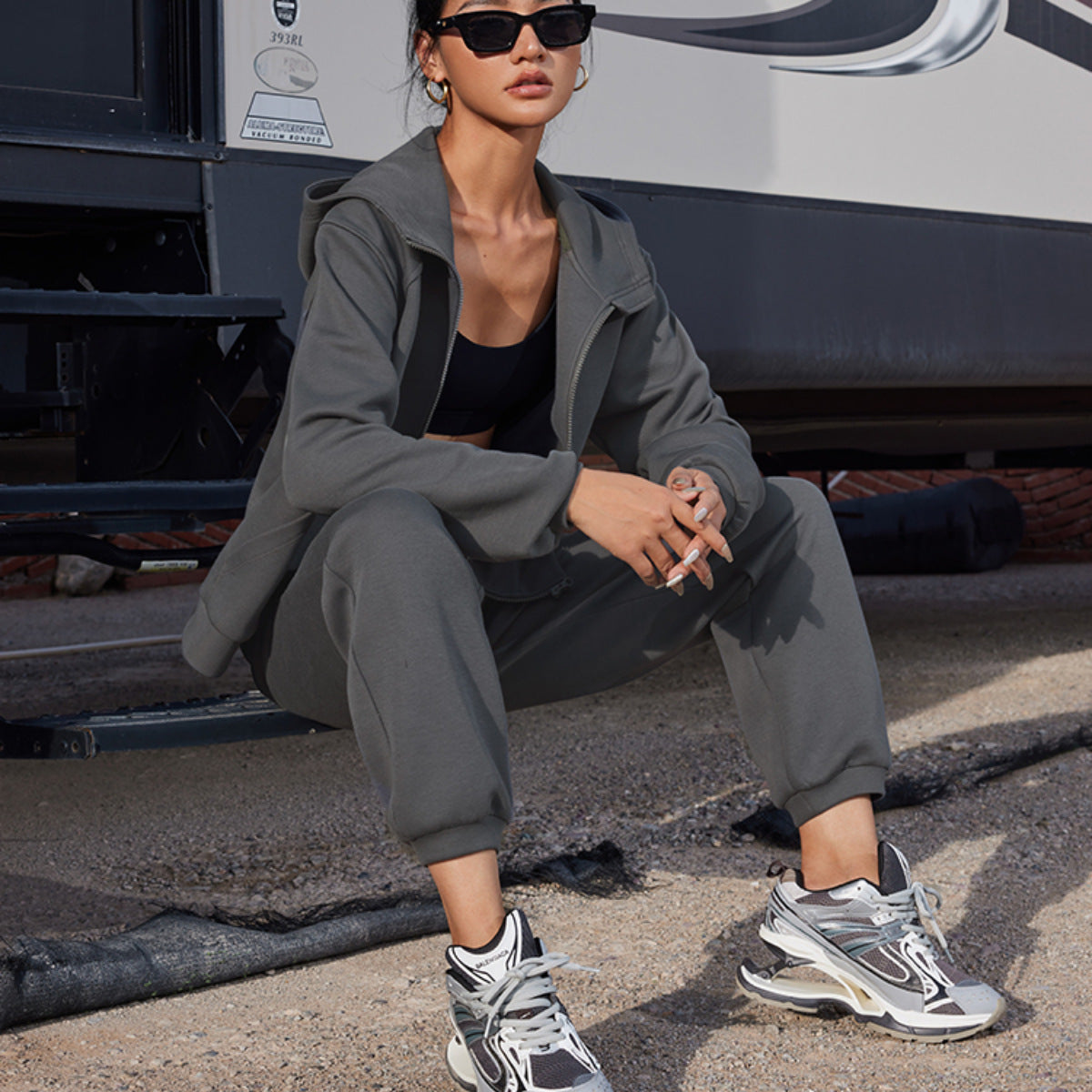 Damen Fleece-Set Sportlich Hochkragen Mit Taschen