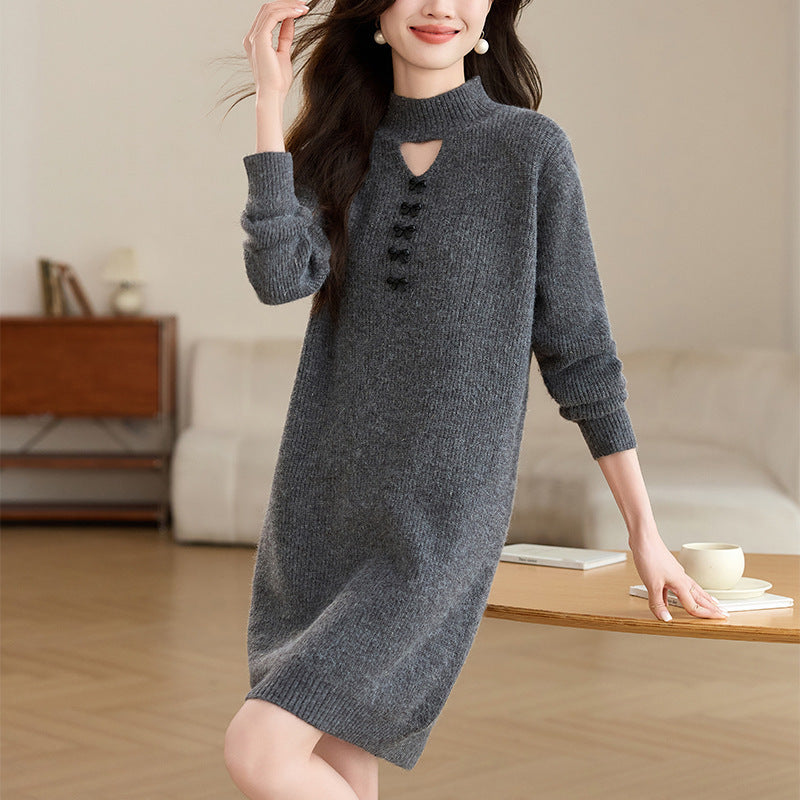 Damen Strickkleid Moderner Ausschnitt Dekorative Knöpfe Norvielle - Norvielle