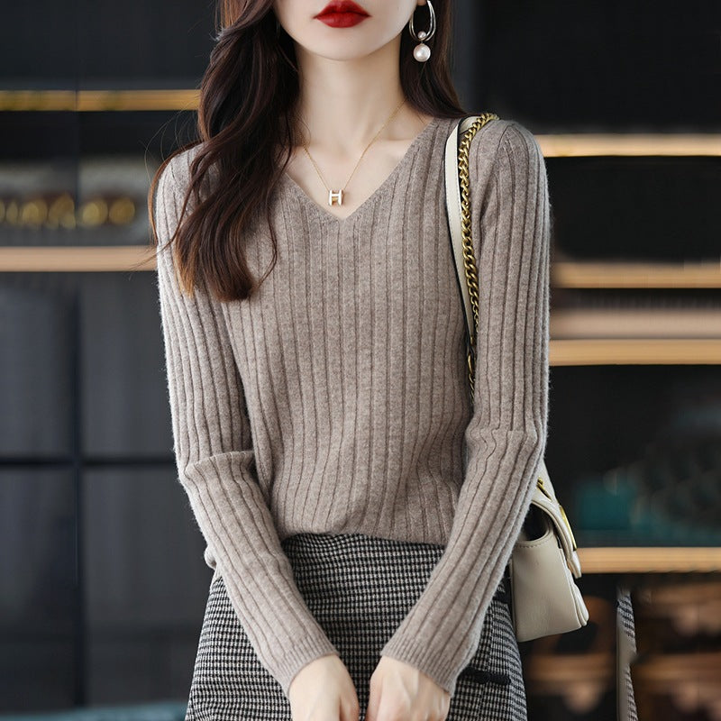 Damen Strickpullover V-Ausschnitt Feinripp