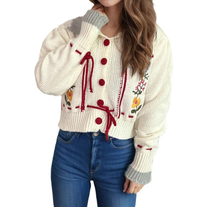 Damen Strickjacke Blumenstickerei Kordelzug Norvielle