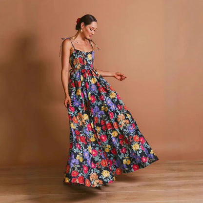 Damen Maxi-Kleid Langarm Floralmuster Rüschendetails Norvielle