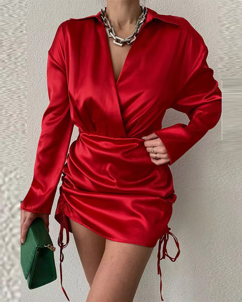 Damen Wickelkleid Langarm Verstellbarer Saum Norvielle
