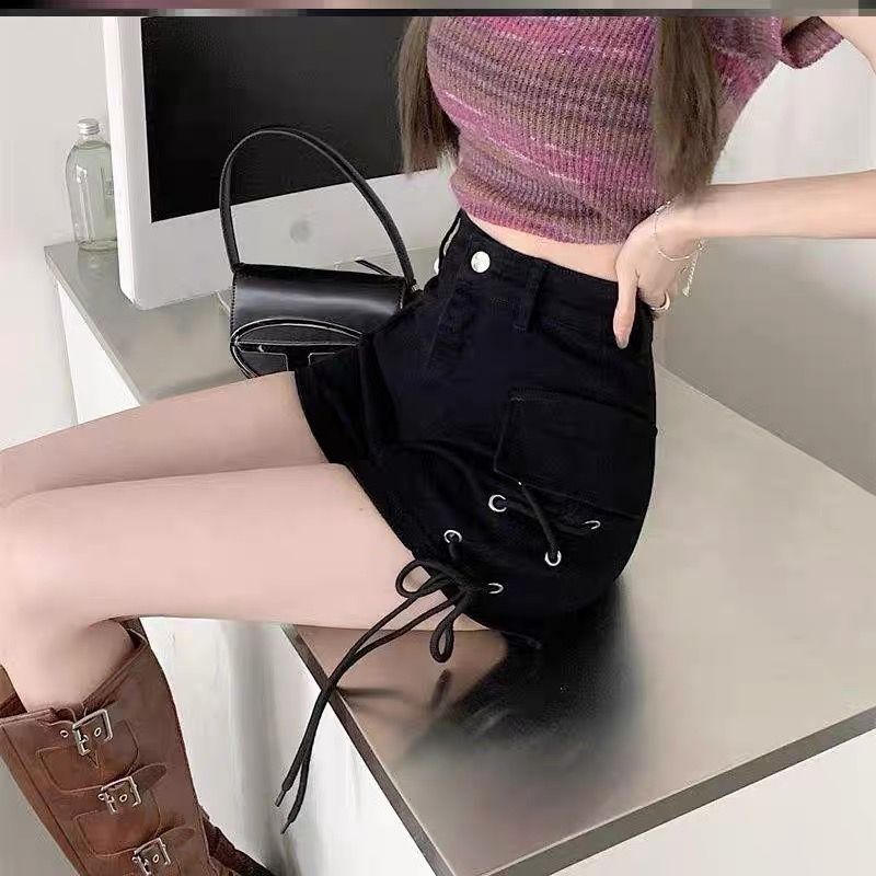 Damen High-Waist Shorts Seitenschnürung Praktische Taschen