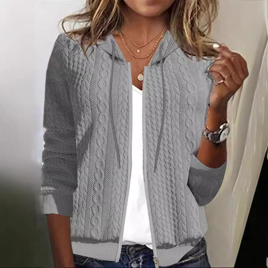 Damen Strickjacke Kapuze Strukturiert Beige