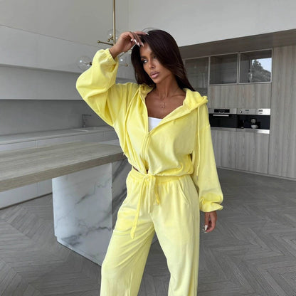 Damen Fleece-Loungewear-Set mit Kapuze Elastisch Beige