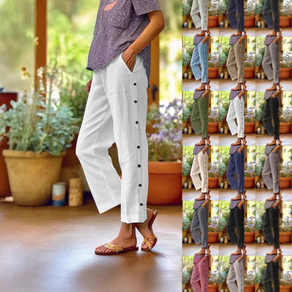 Damen Leinenhose Bequem Mit Knöpfen Blau - Norvielle
