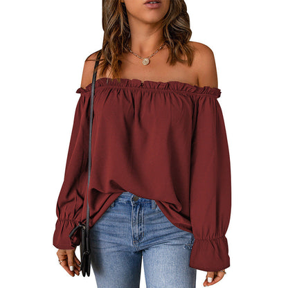 Damen Off-Shoulder Bluse Volantärmel Dekorativer Saum