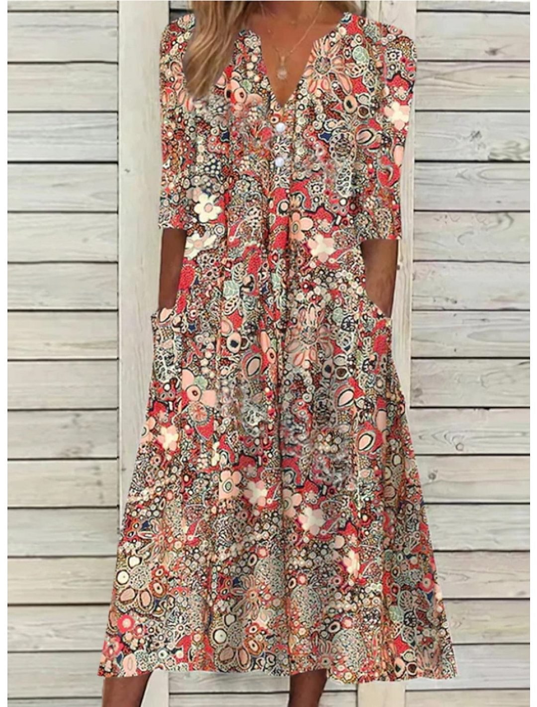 Damen Blumenkleid Midi mit Taschen