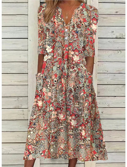 Damen Blumenkleid Midi mit Taschen
