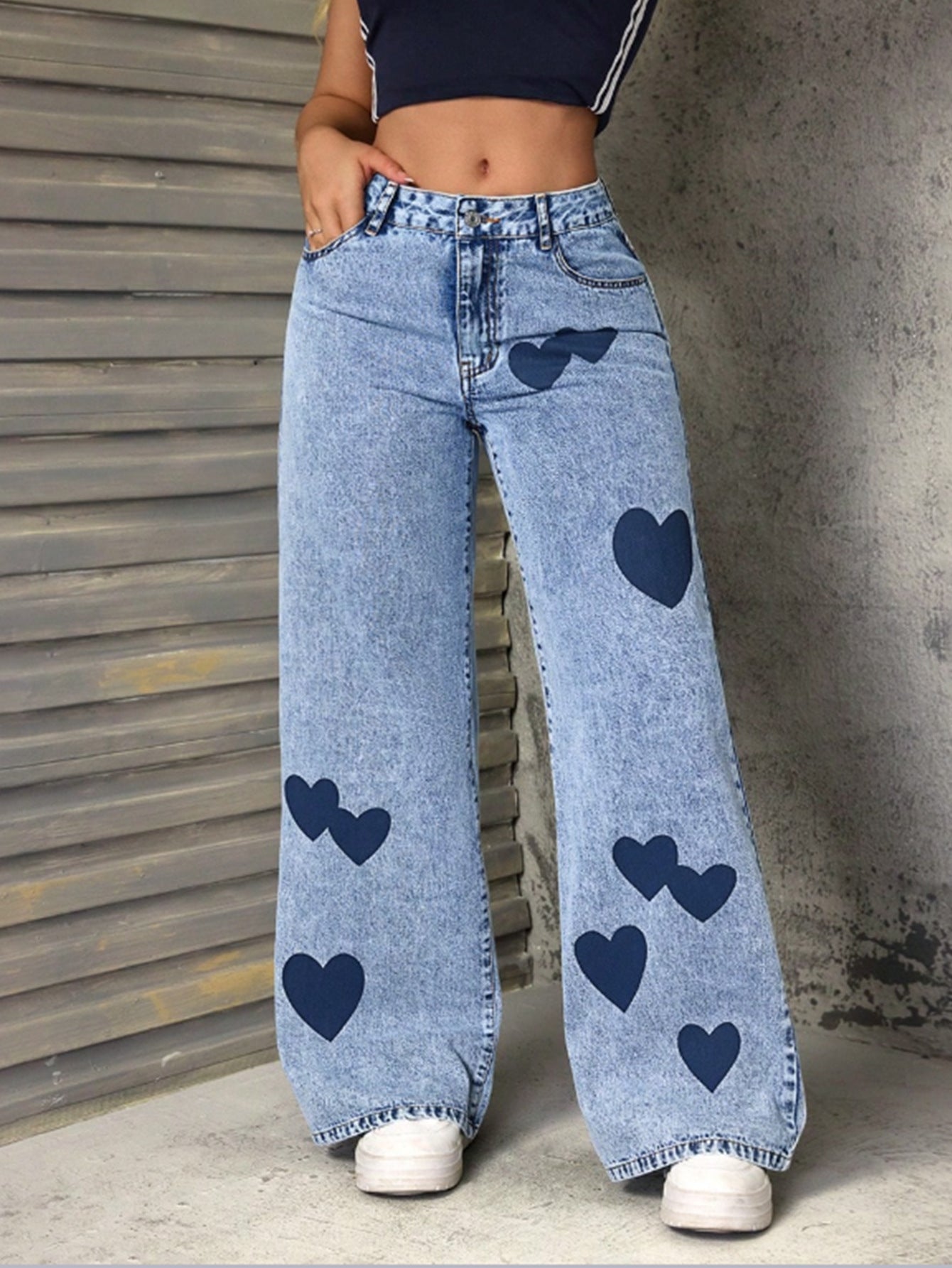 Damen Weite Jeans Herzen-Applikationen Norvielle
