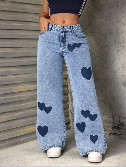 Damen Weite Jeans Herzen-Applikationen Norvielle
