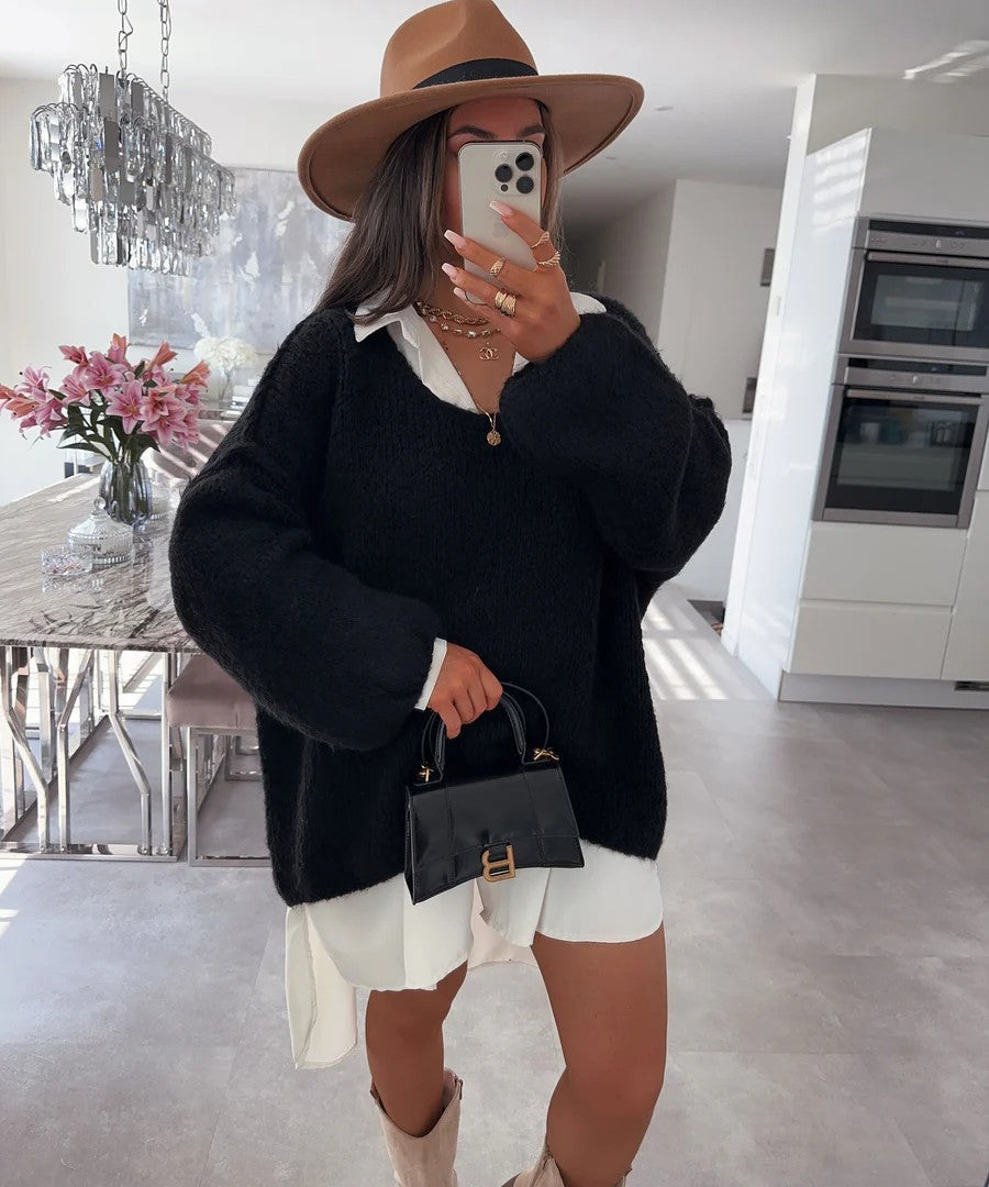 Damen Oversized Pullover Weich Voluminöse Ärmel Beige