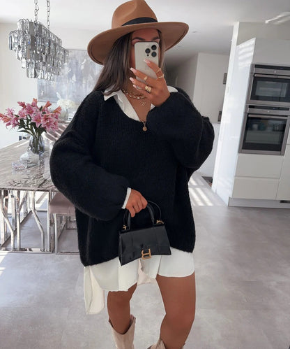 Damen Oversized Pullover Weich Voluminöse Ärmel Beige