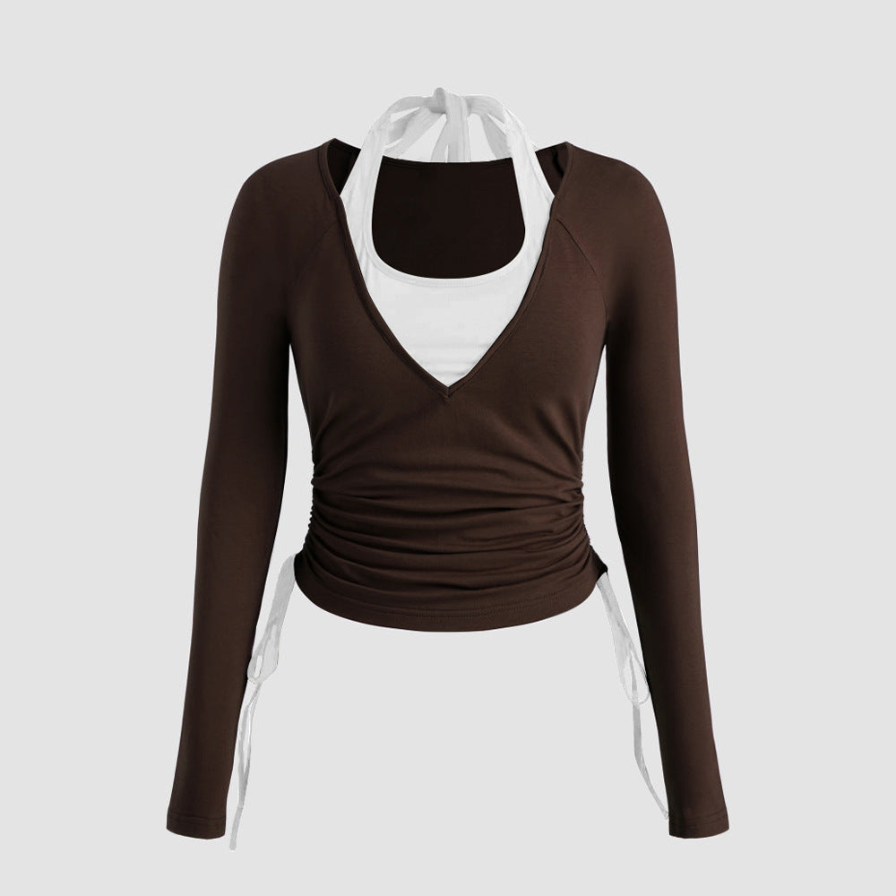 Damen Langarmshirt Doppeltes Design Raffung Norvielle - Norvielle