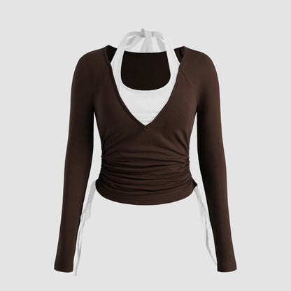 Damen Langarmshirt Doppeltes Design Raffung Norvielle - Norvielle
