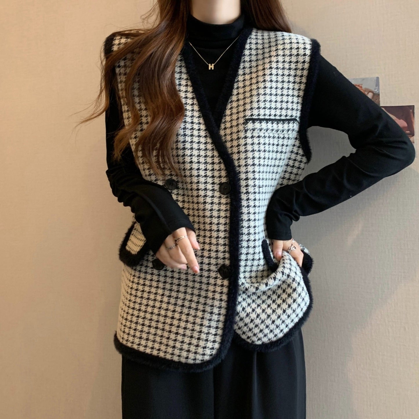 Damen Strickweste Karomuster Mit Taschen Norvielle