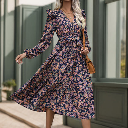 Damen Midi-Kleid Floralmuster Rüschen Elegant Blumenmuster