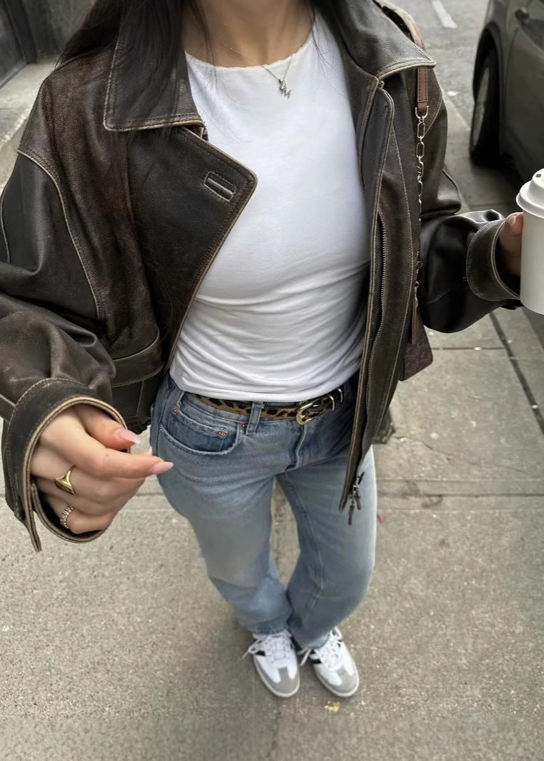 Damen Lederjacke Lässig Gewaschen