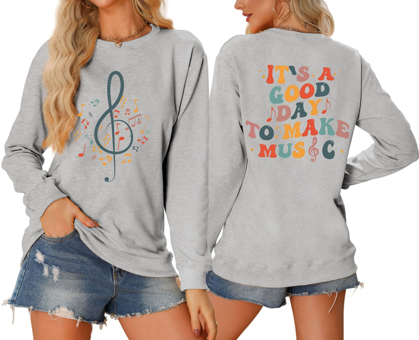 Damen Sweatshirt Musik Motiv Weiß