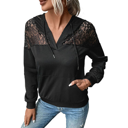 Damen Kapuzenpullover Lässig Spitze Beige