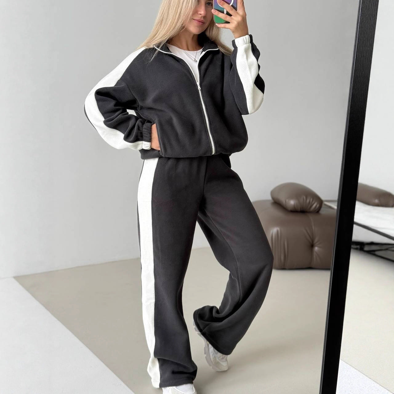 Damen Fleece-Jogginganzug Sportlich Hochkragen Seitliche Streifen