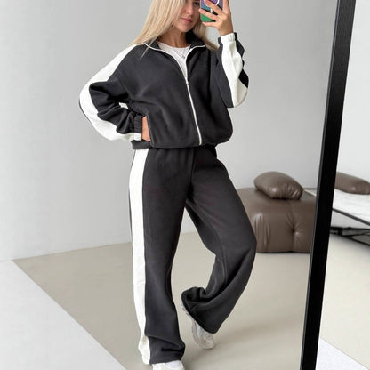 Damen Fleece-Jogginganzug Sportlich Hochkragen Seitliche Streifen