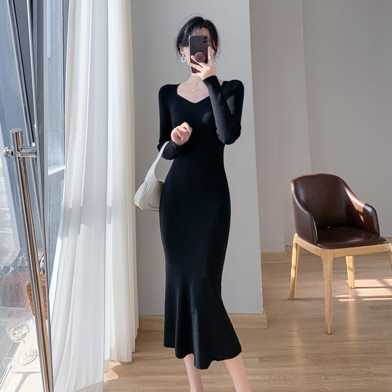 Damen Strickkleid V-Ausschnitt Ausgestellter Saum Norvielle