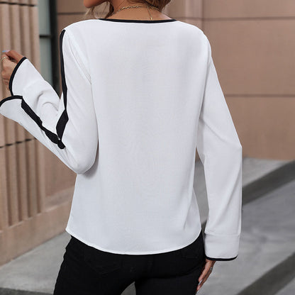 Damen Bluse mit Bindegürtel Gestreifte Ärmel Norvielle
