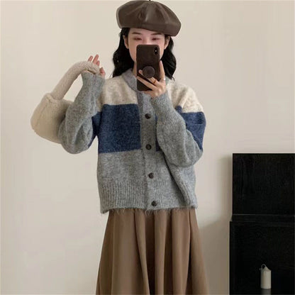 Damen Grobstrickjacke Knöpfe Farbblockdesign
