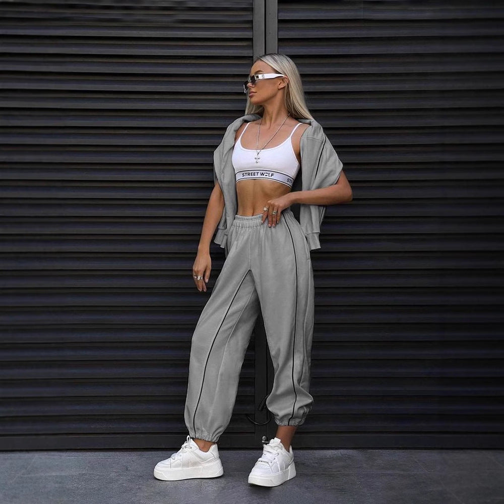 Damen Sportanzug Cropped Oberteil Elastischer Bund Norvielle