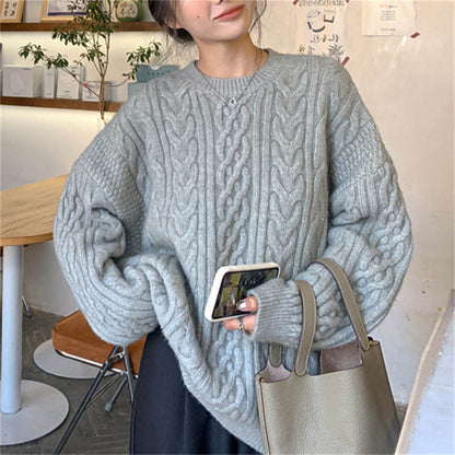 Damen Grobstrickpullover Zopfmuster Weitschnitt