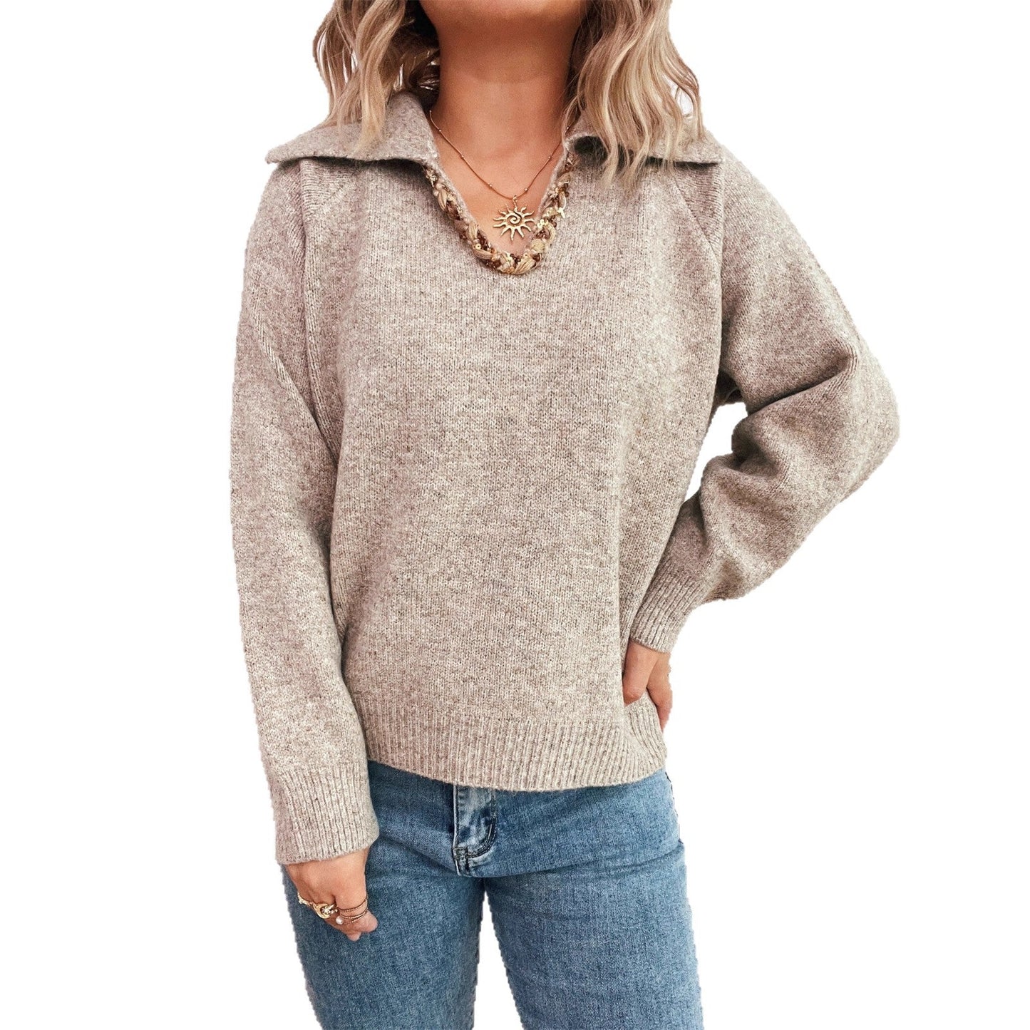 Damen Pullover Weichstruktur Dekorativer Kragen Beige